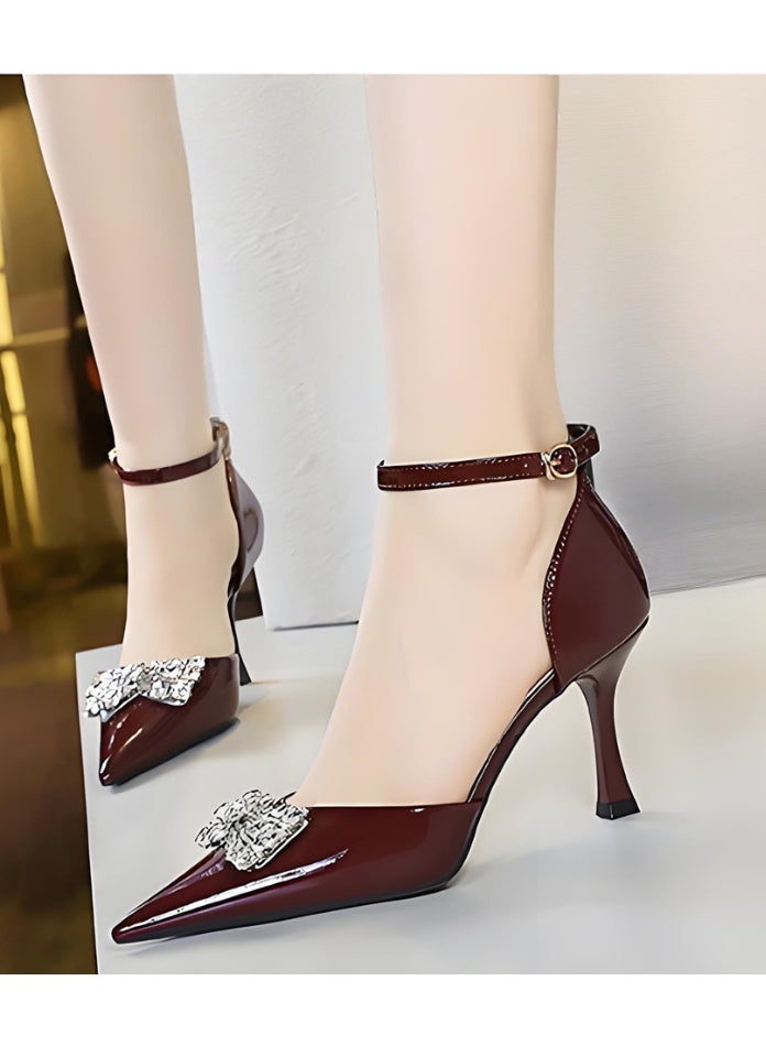 BIGTREE Women's Rhinestone Stiletto Pumps Closed Pointed Toe High Heels Party Dress Shoes With Ankle Straps Wine Red 8CM - Image 3