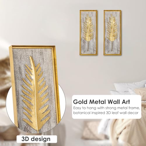 Villa Como Gold Metal Wall Art with Wooden Base, 15.7"x6.3" Metal Frame Gold Wall Decor with Botanical Leaf, Farmhouse Golden Wall Decor for Home Office Bedroom Bathroom, Hanging Wall Accent Décor Set of 1 - Image 3