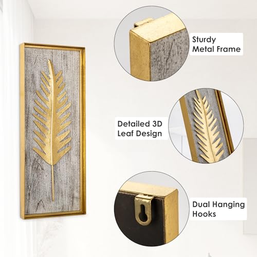 Villa Como Gold Metal Wall Art with Wooden Base, 15.7"x6.3" Metal Frame Gold Wall Decor with Botanical Leaf, Farmhouse Golden Wall Decor for Home Office Bedroom Bathroom, Hanging Wall Accent Décor Set of 1 - Image 4