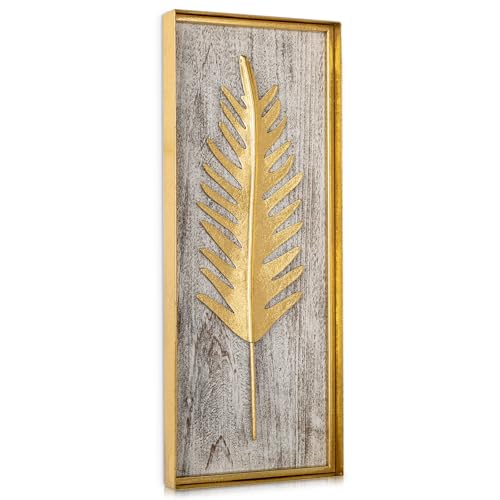 Villa Como Gold Metal Wall Art with Wooden Base, 15.7"x6.3" Metal Frame Gold Wall Decor with Botanical Leaf, Farmhouse Golden Wall Decor for Home Office Bedroom Bathroom, Hanging Wall Accent Décor Set of 1 - Image 1