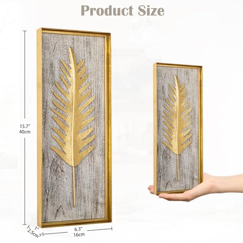 Villa Como Gold Metal Wall Art with Wooden Base, 15.7"x6.3" Metal Frame Gold Wall Decor with Botanical Leaf, Farmhouse Golden Wall Decor for Home Office Bedroom Bathroom, Hanging Wall Accent Décor Set of 1 - Image 2