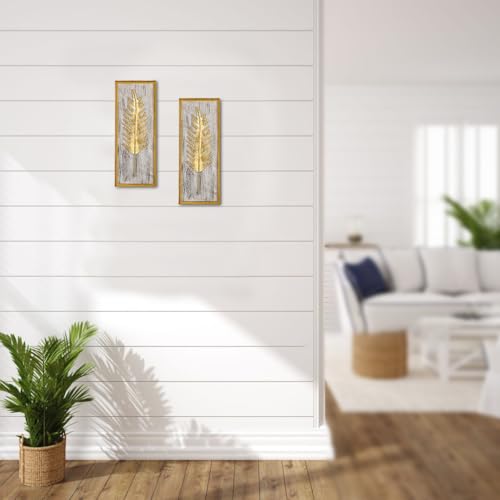 Villa Como Gold Metal Wall Art with Wooden Base, 15.7"x6.3" Metal Frame Gold Wall Decor with Botanical Leaf, Farmhouse Golden Wall Decor for Home Office Bedroom Bathroom, Hanging Wall Accent Décor Set of 1 - Image 5