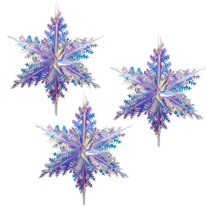 3 PACK HOLOGRAPHIC SNOWFLAKE HANGING DECORATION SHINY IRIDESCENT WHITE FOIL CEILING DECORATIVE ORNAMENT UNICORN THEME DECORATIONS FOR DECORATING FAIRY FROZEN THEME PARTY
