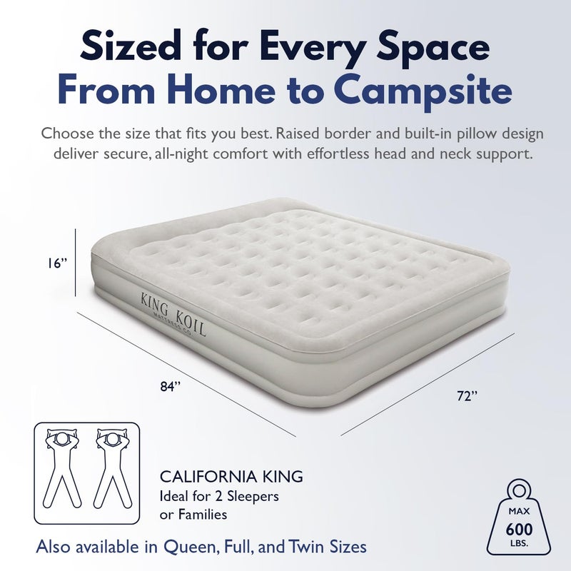 King Koil Luxury California King Air Mattress with Built-in Pump for Home, Camping & Guests - King Size Inflatable Airbed Luxury Double High Adjustable Blow Up Mattress, Durable Waterproof - Image 2