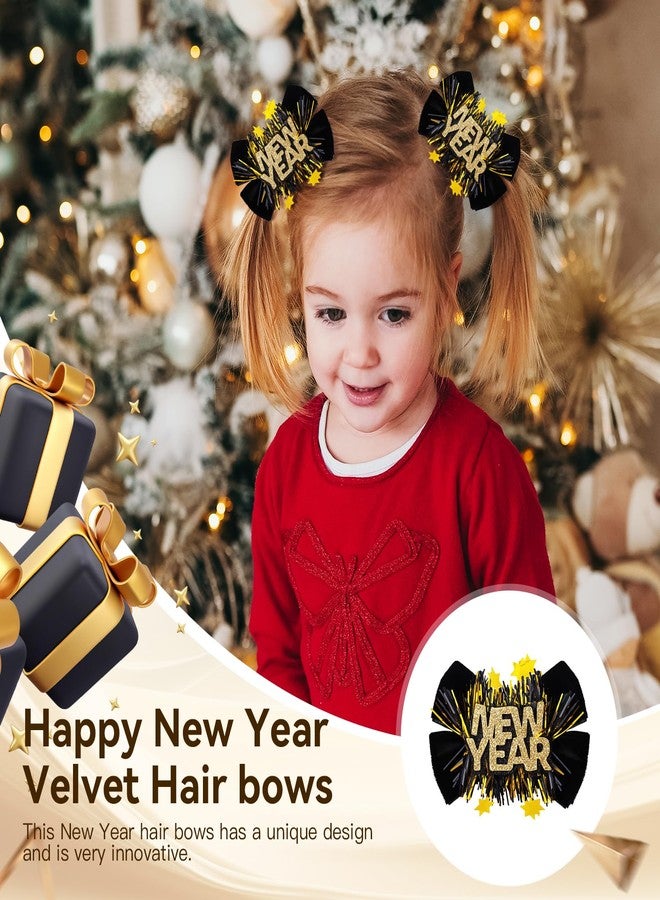 CN 4PCS Happy New Year Velvet Hair Bows for Girls 2026, Black and Gold Glitter Hair Clips for New Years Eve Party Favors Supplies, Star Hair Accessories for Children Kids Toddlers - Image 2