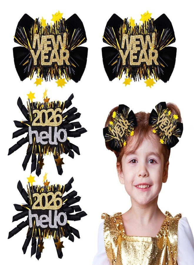 CN 4PCS Happy New Year Velvet Hair Bows for Girls 2026, Black and Gold Glitter Hair Clips for New Years Eve Party Favors Supplies, Star Hair Accessories for Children Kids Toddlers - Image 1