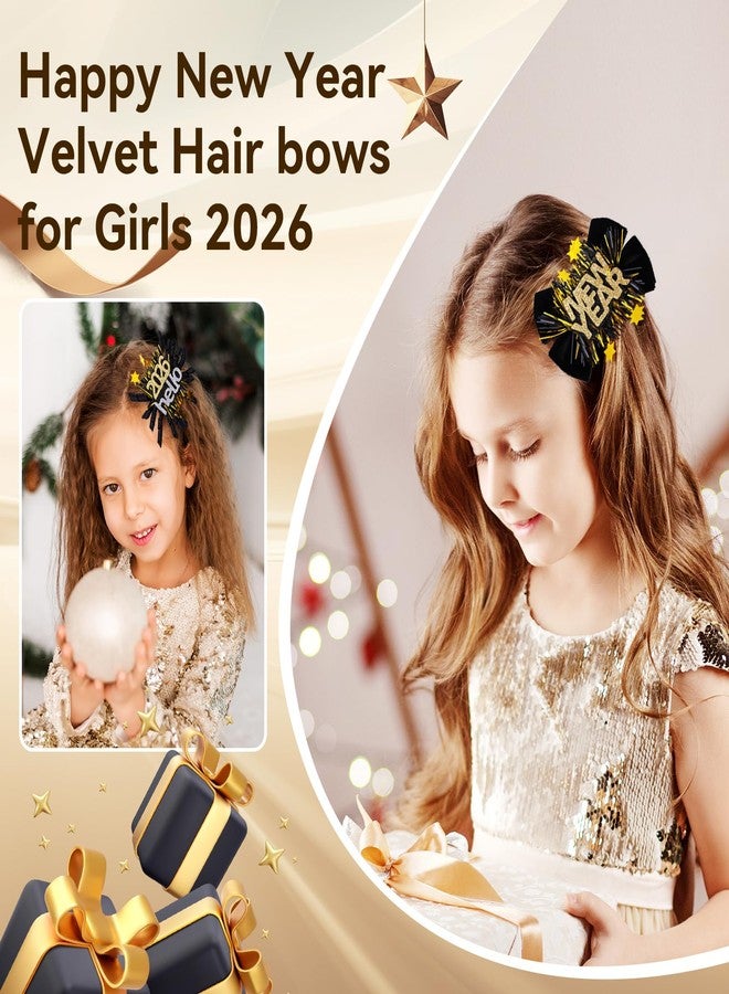 CN 4PCS Happy New Year Velvet Hair Bows for Girls 2026, Black and Gold Glitter Hair Clips for New Years Eve Party Favors Supplies, Star Hair Accessories for Children Kids Toddlers - Image 4