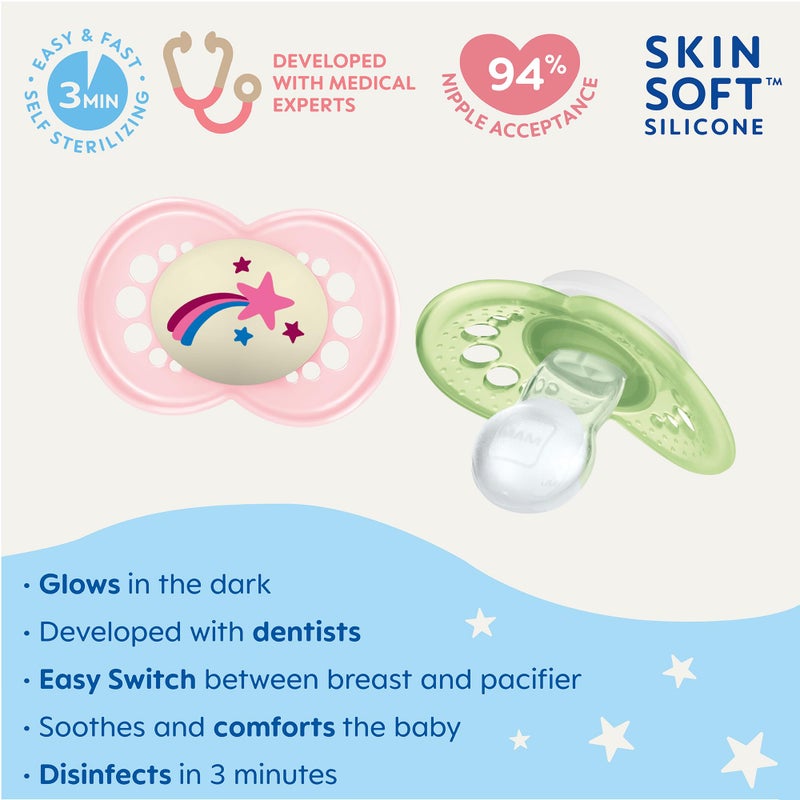 MAM Original Night Pacifiers, Binky Pacifier for 6-16 Months, BPA-Free Silicone, Glows in The Dark, Best for Newborn Babies, Developed with Medical Experts, 2 Count Binkies, with Sterilizer Case - Image 2