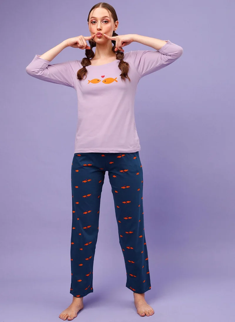 Clovia Clovia Fish Print Top in Lilac & Pyjama in Navy - 100% Cotton