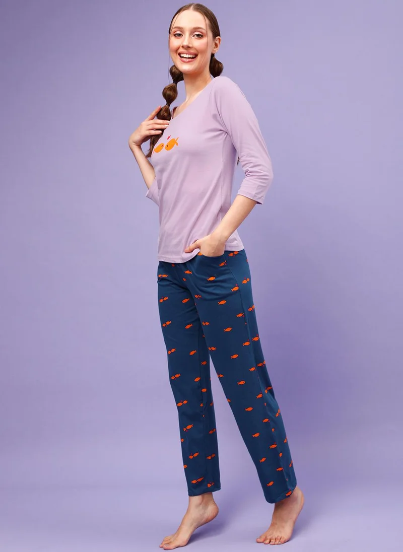Clovia Clovia Fish Print Top in Lilac & Pyjama in Navy - 100% Cotton