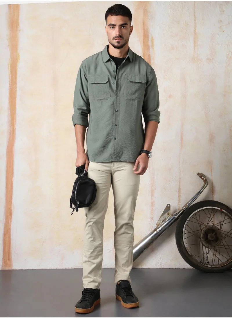هاي ستار Men's Green Nylon Blend Solid Button Down Regular Fit Shirt