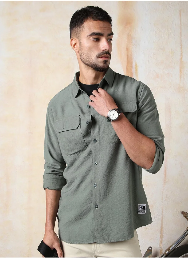 هاي ستار Men's Green Nylon Blend Solid Button Down Regular Fit Shirt