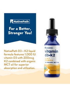 NativePath D3K2 Tincture 1000Iu Vitamin D3 And Vitamin K2 Supplement With Organic Mct Oil 1 Fluid Ounce Rapid Bioavailability Multivitamin For Bone Strength And Total Body Wellness 30 Servings  - Image 4