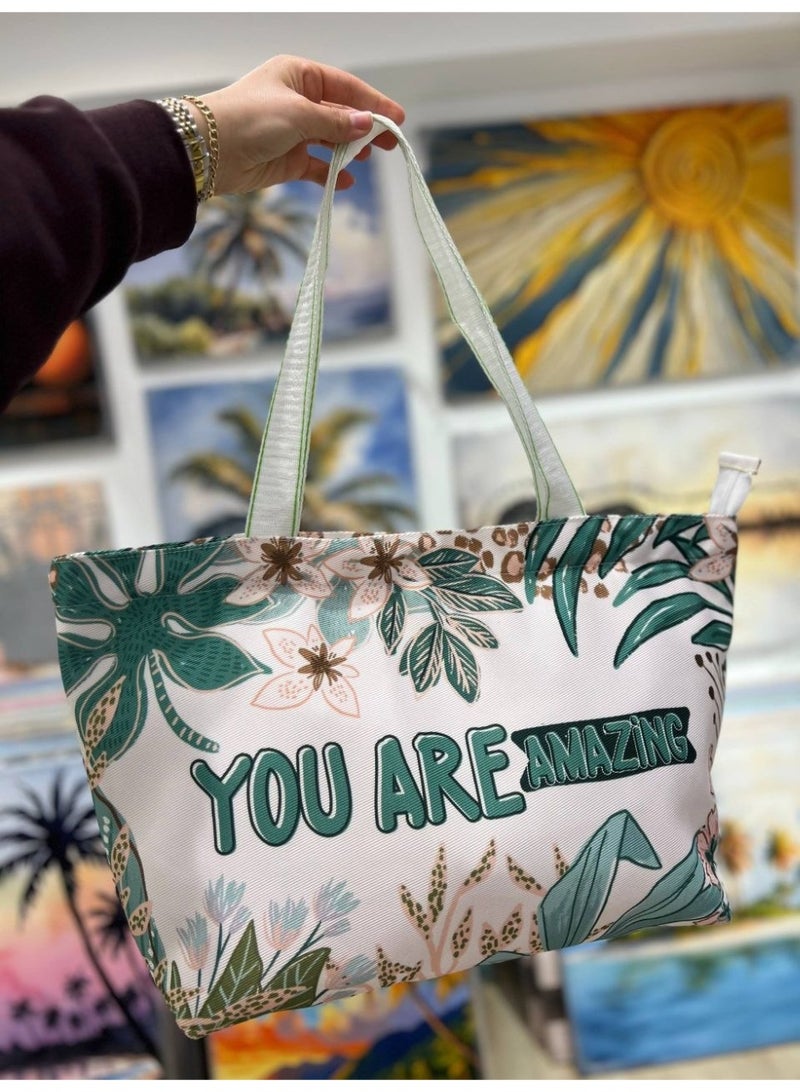 Waterproof beach tote bag with a makeup clutch—a large gabardine beach bag with high-quality double-sided printing, perfect for travel and summer vacations - Image 1