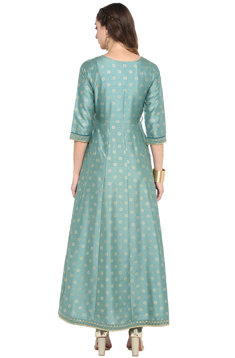 Janasya Women's Green Silk Blend Foil Printed Flared Ethinc Dress (J0005-DR-XXXL) - Image 5