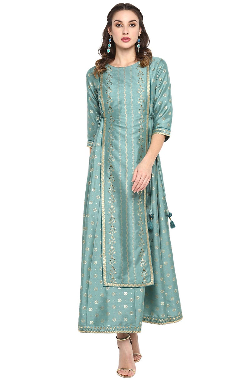 Janasya Women's Green Silk Blend Foil Printed Flared Ethinc Dress (J0005-DR-XXXL) - Image 2