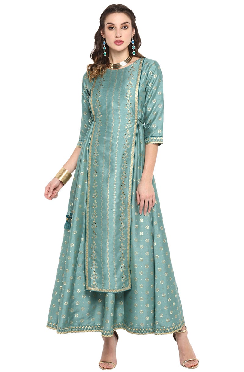 Janasya Women's Green Silk Blend Foil Printed Flared Ethinc Dress (J0005-DR-XXXL) - Image 1