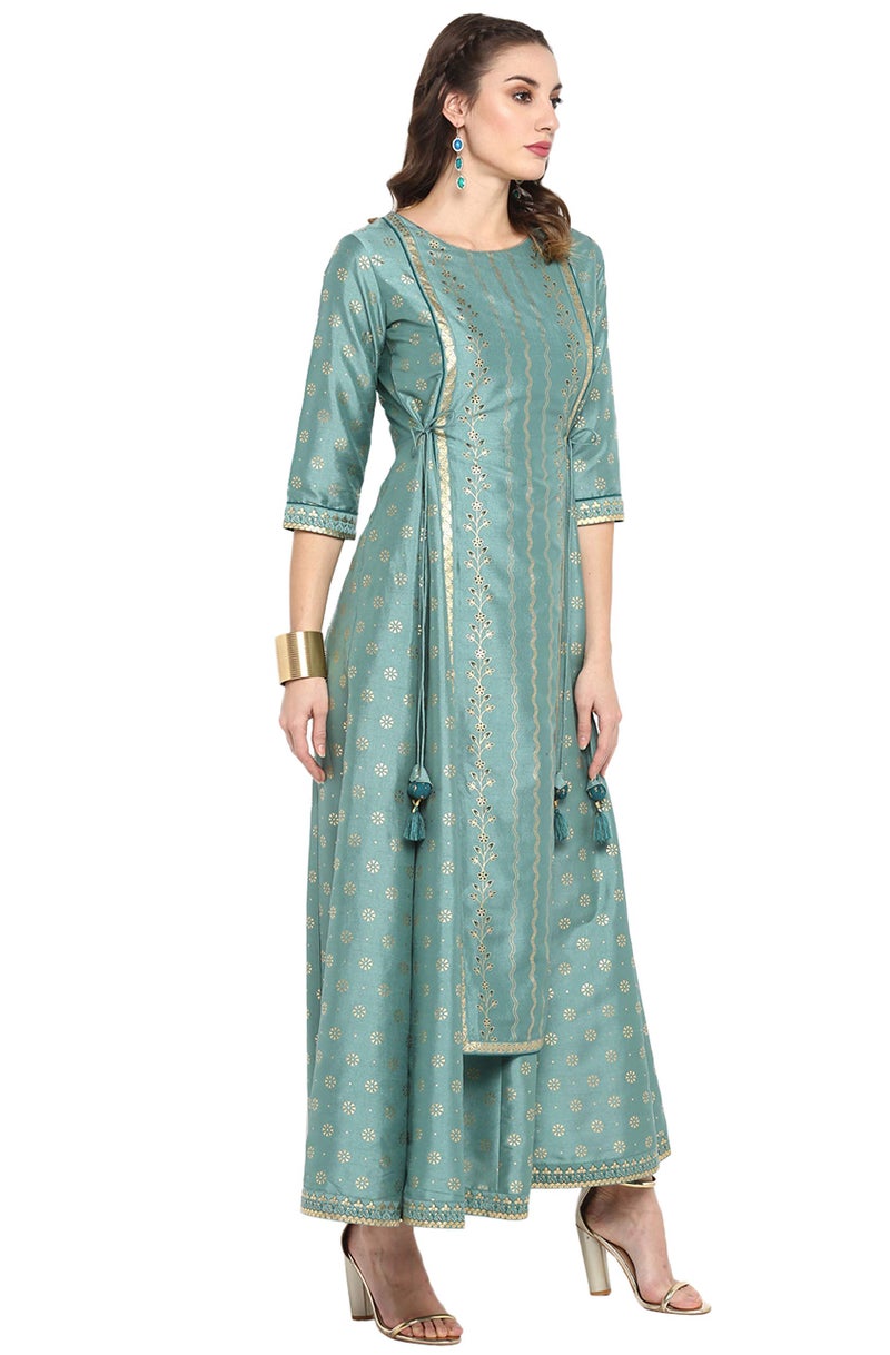Janasya Women's Green Silk Blend Foil Printed Flared Ethinc Dress (J0005-DR-XXXL) - Image 4