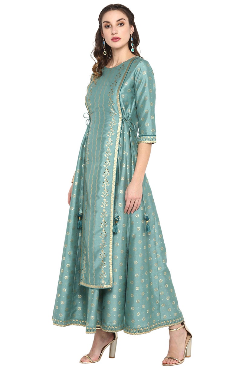 Janasya Women's Green Silk Blend Foil Printed Flared Ethinc Dress (J0005-DR-XXXL) - Image 3