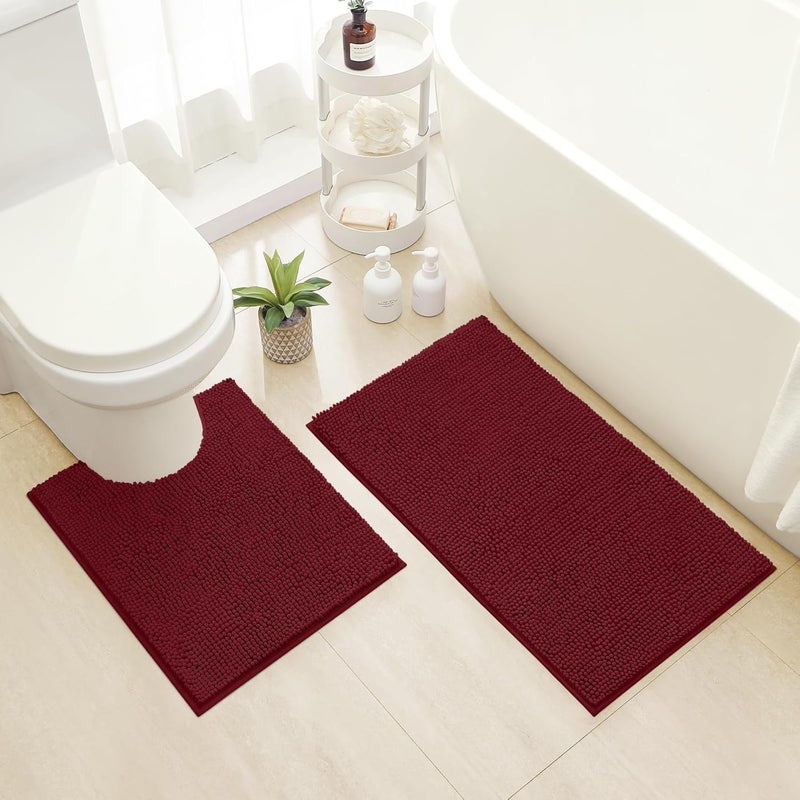 هوم أيدياز HOMEIDEAS مجموعة سجاد حمام قطعتان بورجوندي، سجادة حمام فائقة النعومة غير قابلة للانزلاق، سجادة حمام ماصة من الشنيل، سجاد حمام فخم للحمام وحوض الاستحمام والدش - Image 1