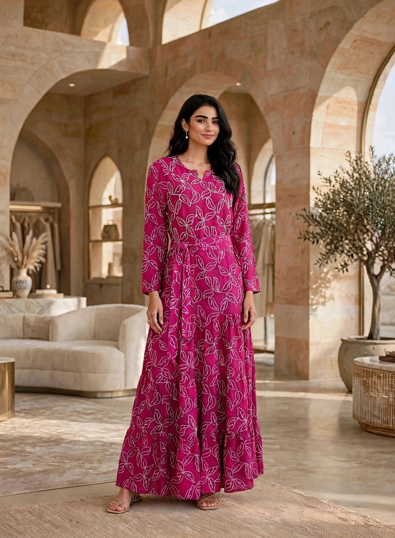 IKKXA Tiered Floral Print Belted Jalabiya IK30Pink - Image 1