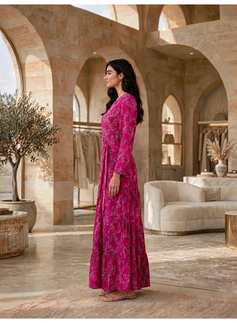 IKKXA Tiered Floral Print Belted Jalabiya IK30Pink - Image 4