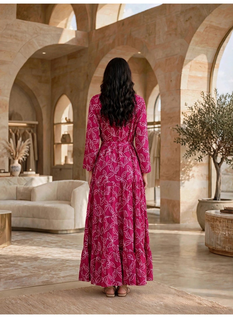 IKKXA Tiered Floral Print Belted Jalabiya IK30Pink - Image 5