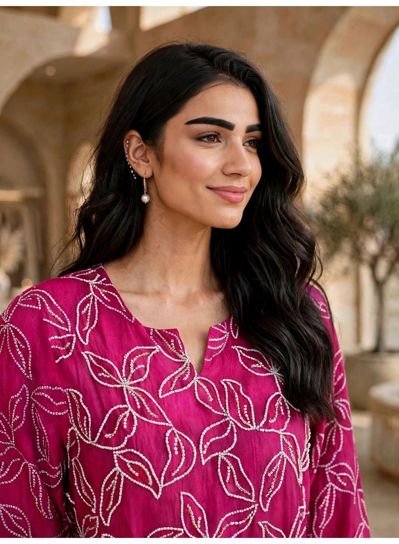 IKKXA Tiered Floral Print Belted Jalabiya IK30Pink - Image 2