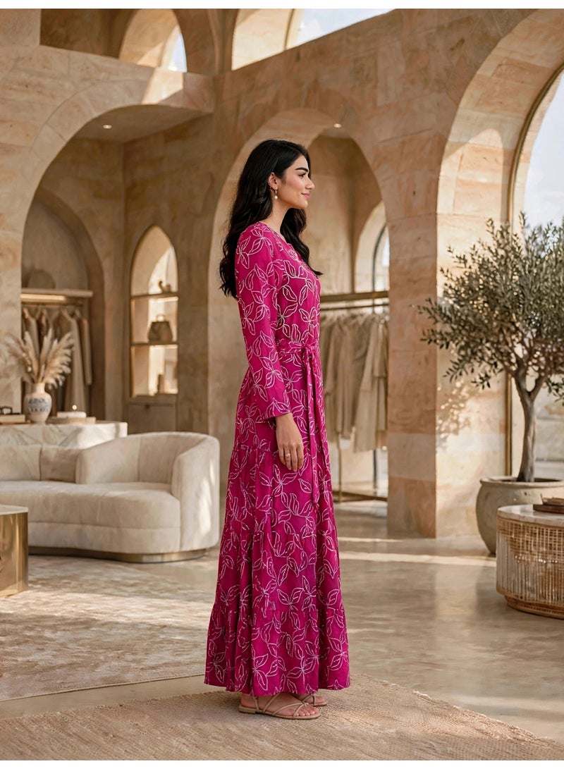 IKKXA Tiered Floral Print Belted Jalabiya IK30Pink - Image 3