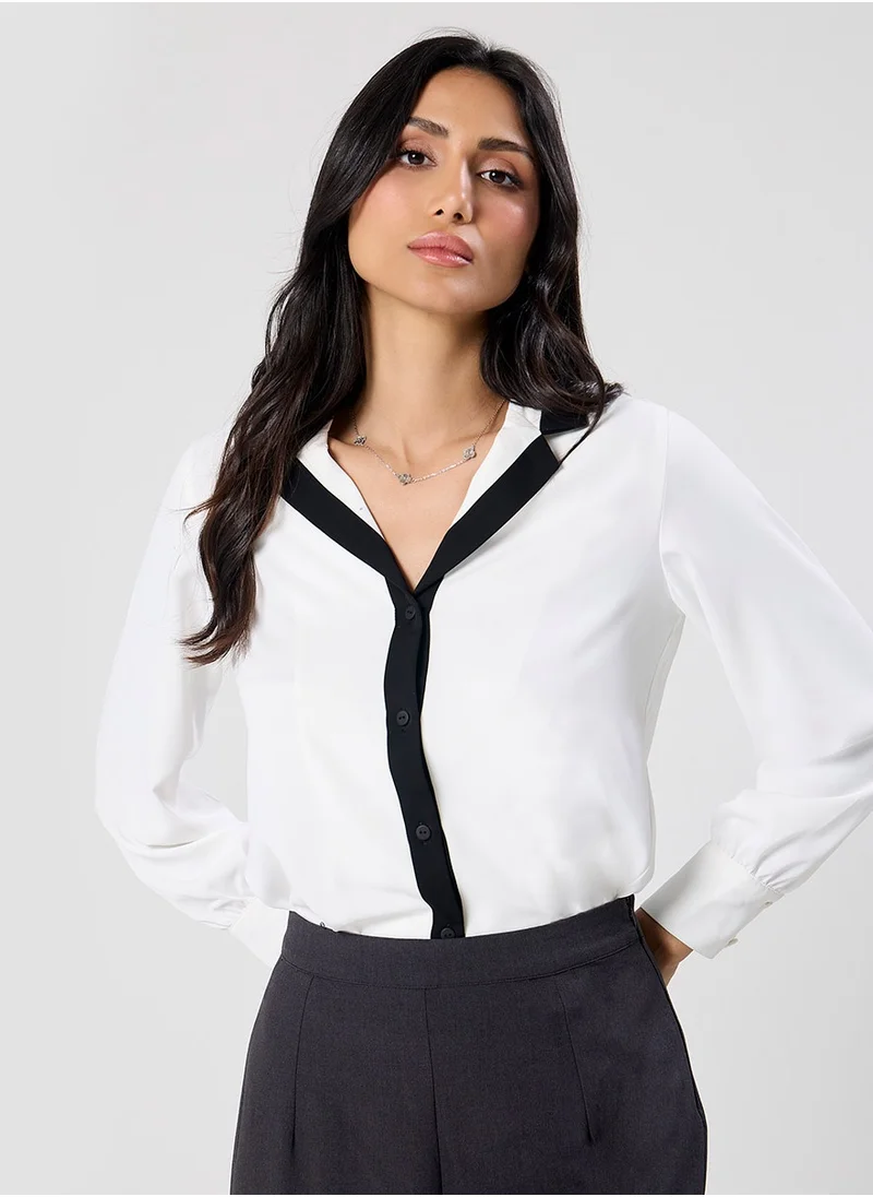 Zigzag Contrast Lapel And Button Stand Long Sleeve Shirt