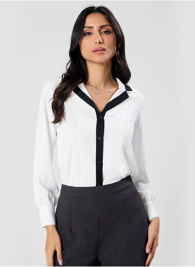 Zigzag Contrast Lapel And Button Stand Long Sleeve Shirt