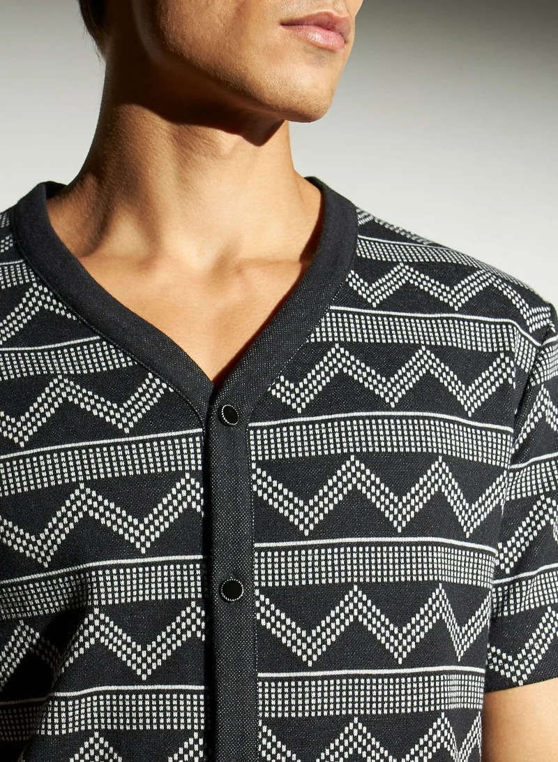 Iconic Iconic Monochrome Jacquard Shirt with V-neck and Short Sleeves
