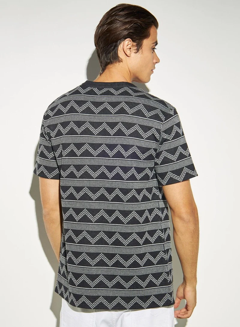 Iconic Iconic Monochrome Jacquard Shirt with V-neck and Short Sleeves