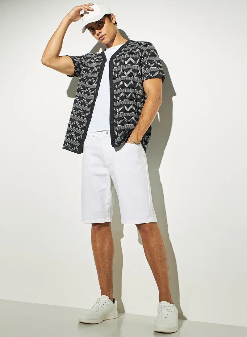 Iconic Iconic Monochrome Jacquard Shirt with V-neck and Short Sleeves