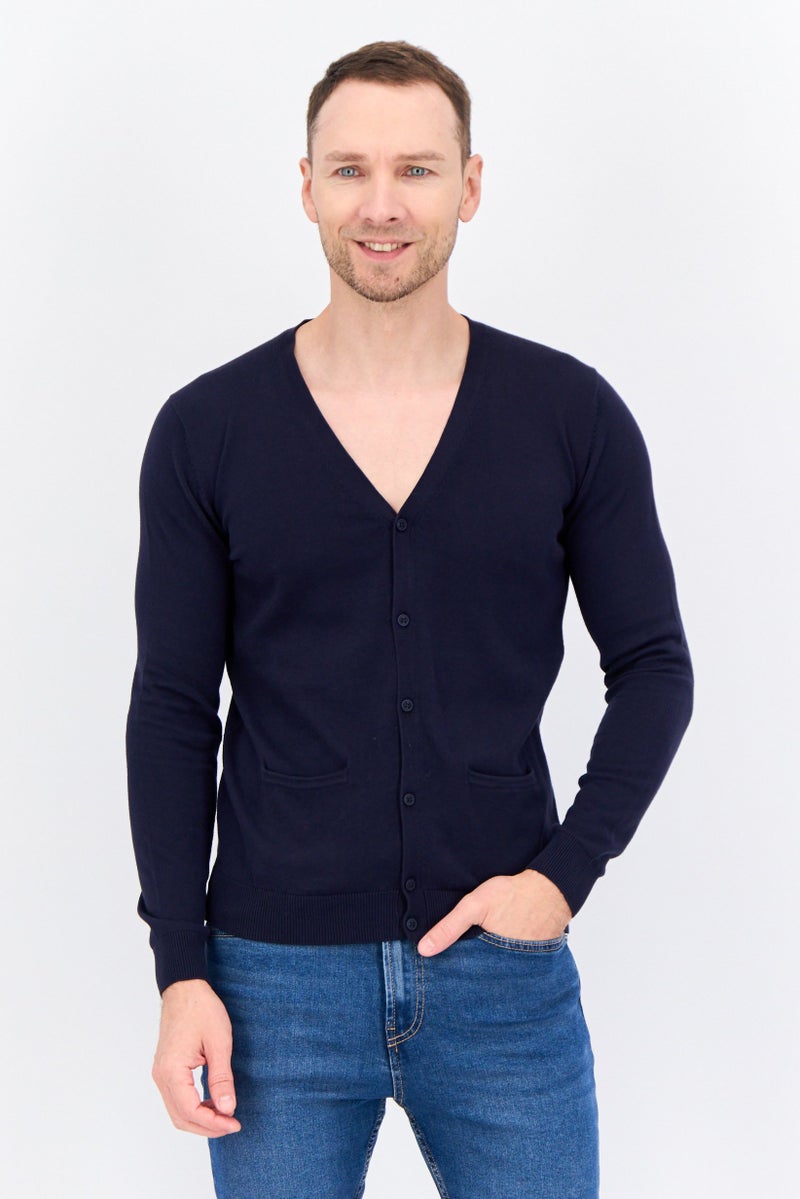 Sorbino Men V Neck Long Sleeves Textured Cardigan, Navy - Image 1