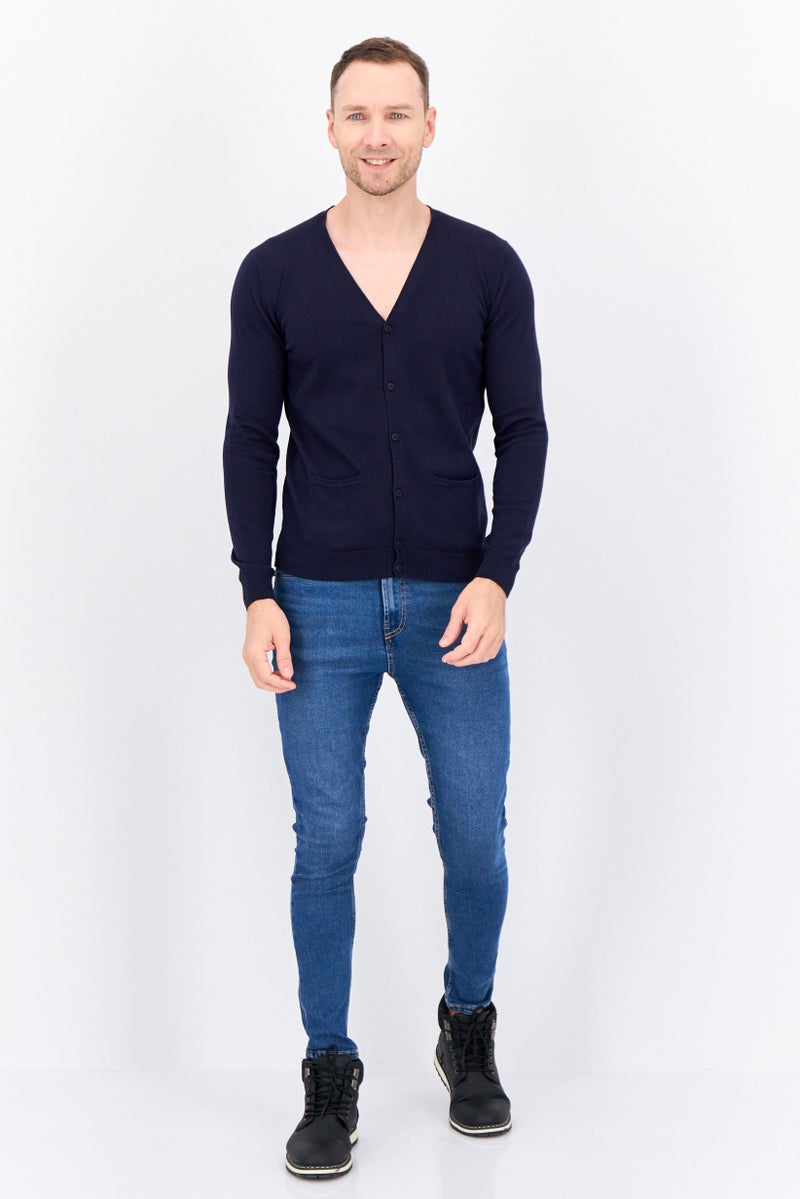 Sorbino Men V Neck Long Sleeves Textured Cardigan, Navy - Image 4