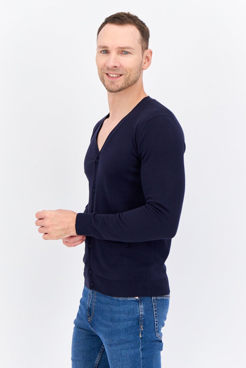 Sorbino Men V Neck Long Sleeves Textured Cardigan, Navy - Image 2