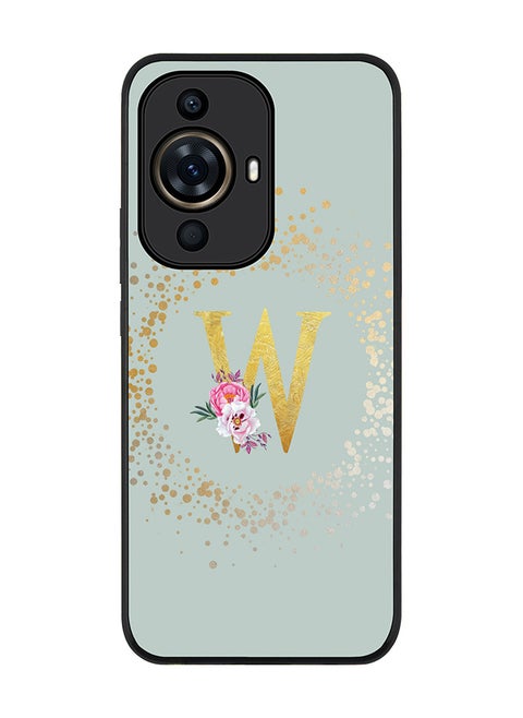 Rugged Black Edge case for Huawei nova 11 Pro, Slim fit Flexible Cover - Custom Monogram Initial Letter Floral Pattern Alphabet - W (Light Grey)