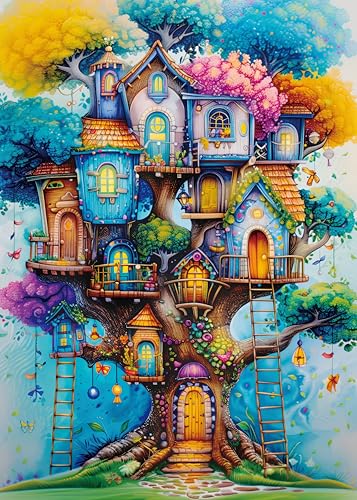 Larkipuzz Magical Tree House Jigsaw Puzzle 1000 Piece for Adult Colorful Plant Art Painting Jigsaw Puzzles Rainbow Nature Aesthetic Puzzle - Image 1