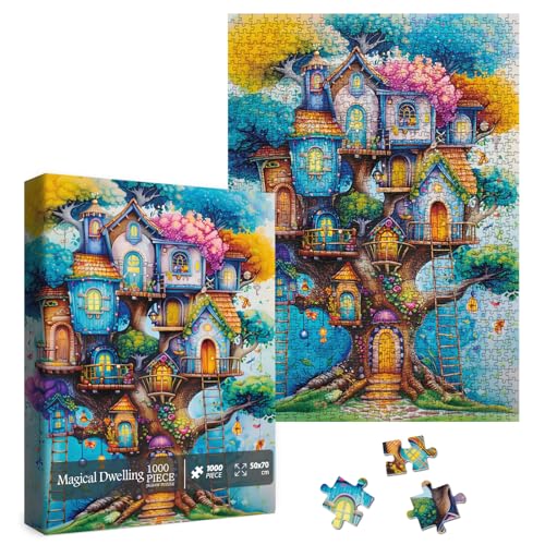 Larkipuzz Magical Tree House Jigsaw Puzzle 1000 Piece for Adult Colorful Plant Art Painting Jigsaw Puzzles Rainbow Nature Aesthetic Puzzle - Image 5