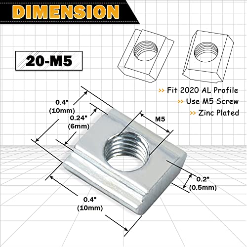 KOOTANS 100pcs 2020 Series M5 Sliding T Nuts Metric M5 Thread Slide in T-Nut for 20x20 Standard 6mm T-Slot Aluminum Extrusion Profile - Image 2