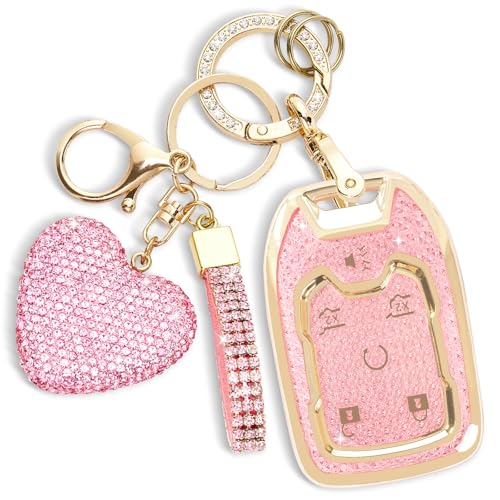 Rislobx Key Fob Cover with Diamond Key Chain Fit for Chevy GMC YukonYukon XL Car Key Protector with Rhinestone Heart Keychain for Terrain Acadia Sierra Suburban Tahoe for Women 6 Buttons Pink - Image 1