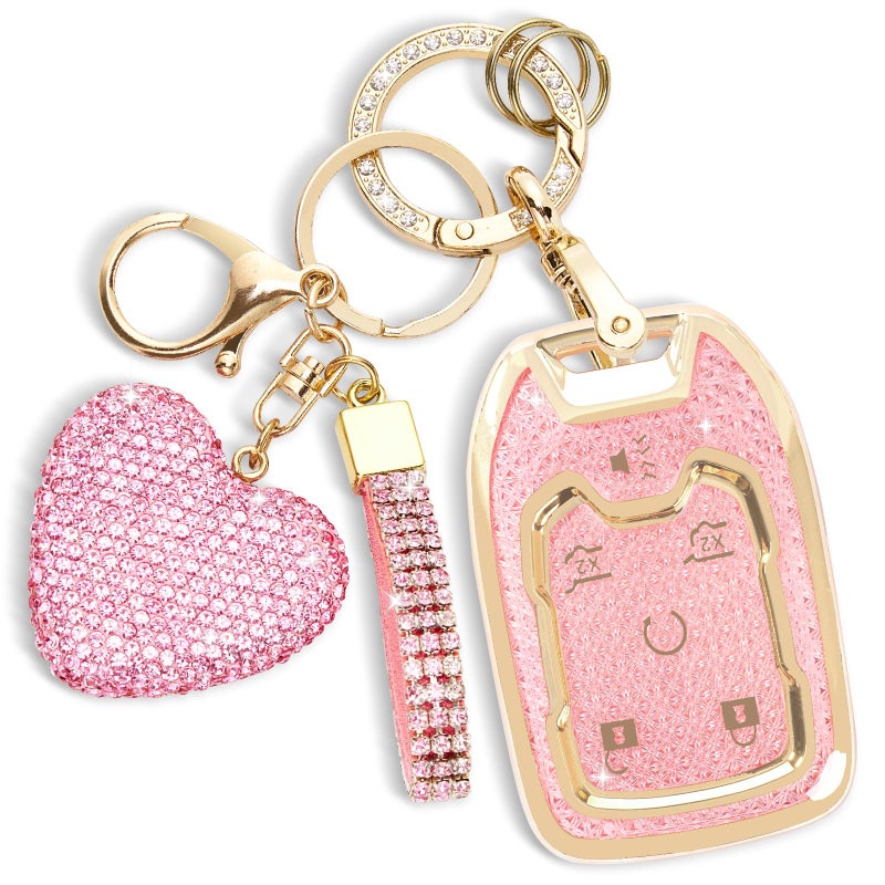 Rislobx Key Fob Cover with Diamond Key Chain Fit for Chevy GMC YukonYukon XL Car Key Protector with Rhinestone Heart Keychain for Terrain Acadia Sierra Suburban Tahoe for Women 6 Buttons Pink - Image 3