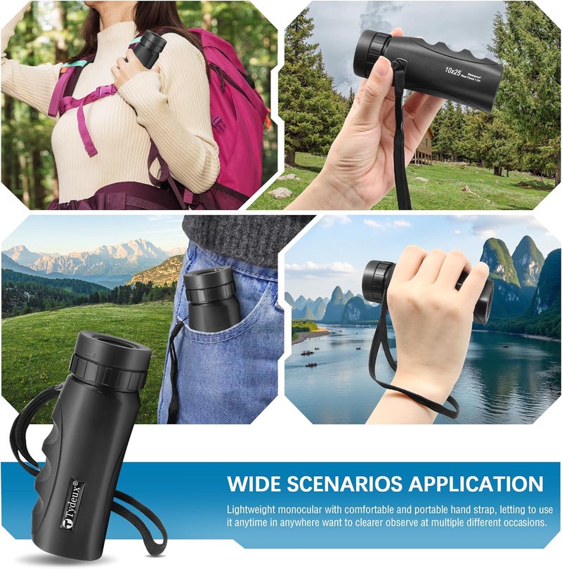 Tydeux Waterproof Compact Monocular - 10x25 Small High Powered Telescope Monoculars - Comes with Cleaning Cloth, Case & Neck Strap, Black - Image 5