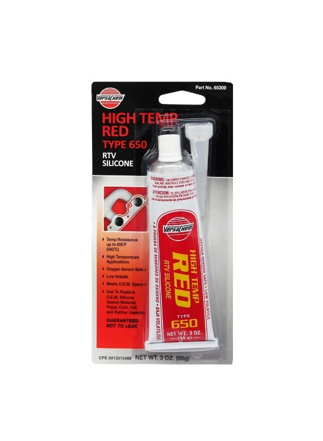 Versachem 65309 High Temp Red RTV Silicone Gasket Maker 3oz | Type 650 High Temperature Engine Sealant | Oxygen Sensor Safe | Made in USA - Image 2