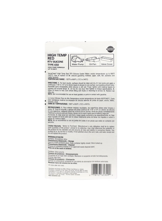 Versachem 65309 High Temp Red RTV Silicone Gasket Maker 3oz | Type 650 High Temperature Engine Sealant | Oxygen Sensor Safe | Made in USA - Image 3