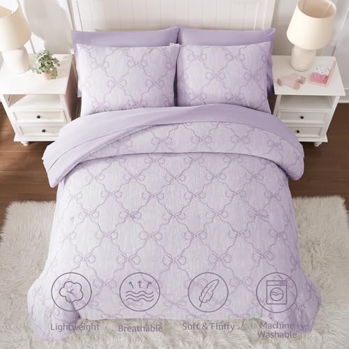 Wink Deer Full Size Comforter Sets with Sheets for Girls-7 Pieces Jacquard Bed in A Bag Full Size Bedding Sets with Light Purple Comforter, Sheets, Pillowcases & Shams for Kids (Purple Bow, 76" X 86") - Image 4