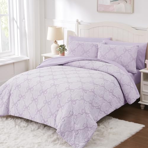 Wink Deer Full Size Comforter Sets with Sheets for Girls-7 Pieces Jacquard Bed in A Bag Full Size Bedding Sets with Light Purple Comforter, Sheets, Pillowcases & Shams for Kids (Purple Bow, 76" X 86") - Image 2