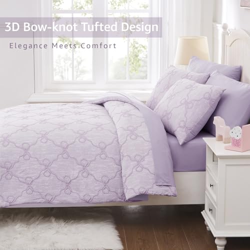 Wink Deer Full Size Comforter Sets with Sheets for Girls-7 Pieces Jacquard Bed in A Bag Full Size Bedding Sets with Light Purple Comforter, Sheets, Pillowcases & Shams for Kids (Purple Bow, 76" X 86") - Image 3