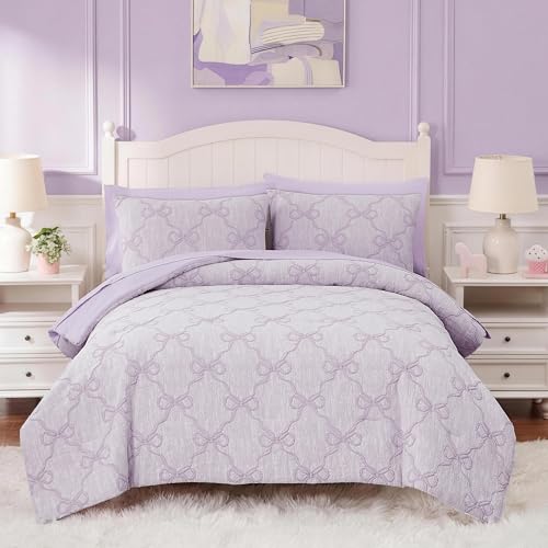 Wink Deer Full Size Comforter Sets with Sheets for Girls-7 Pieces Jacquard Bed in A Bag Full Size Bedding Sets with Light Purple Comforter, Sheets, Pillowcases & Shams for Kids (Purple Bow, 76" X 86") - Image 1
